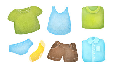 Kids summer clothes set. goods collection in fashion store. cute children's watercolor illustration isolated on transparent background, clip art cut out element design