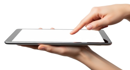 ultra realistic macro shot of smooth caucasian woman's hands holding a black digital tablet, index finger poised above the blank white screen on a clean high-key background. High-tech digital