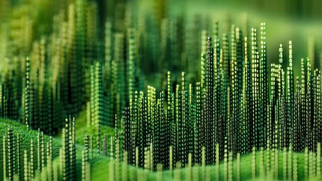 A vibrant landscape resembling a forest emerges, with towering structures resembling tall grass, composed of glowing binary code in various shades of green, creating a digital ecosystem.