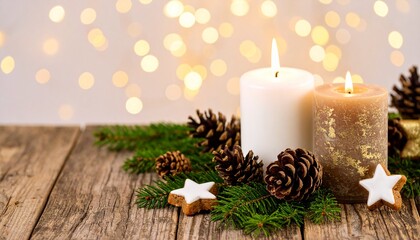 Christmas Advent background with lit candles, pine cones, fir branches, and star cookie on rustic wooden table with bokeh lights.