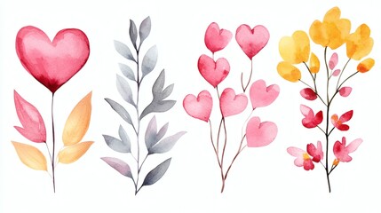 Set of watercolor flowers, leaves and hearts. Hand drawn illustration