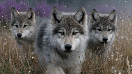 Three wolves walking through a grassy field in the forest.