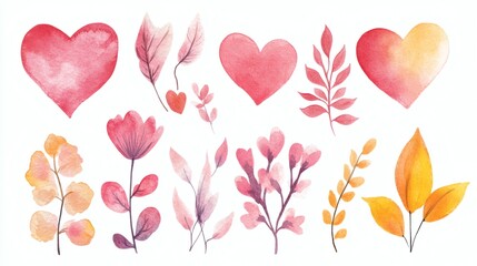 Set of watercolor flowers, leaves and hearts. Hand drawn illustration