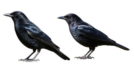 Two black birds standing side by side isolated on a transparent background