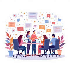 Obraz premium A modern office with a team, schedules and a clock on the wall. The background symbolizes the efficiency and time savings provided by household appliances for home and work.