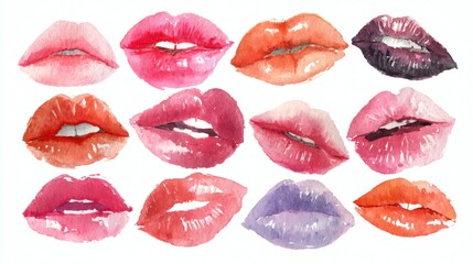 Set of red lip prints. Watercolor lip prints of different shades of pink. Pink lipstick print. Elements for collages.