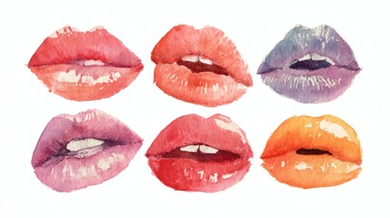 Set of red lip prints. Watercolor lip prints of different shades of pink. Pink lipstick print. Elements for collages.