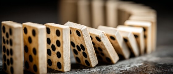 Falling wooden dominoes in chain reaction on dark surface