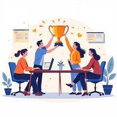 A group of people raises a gold cup against the background of charts. It is suitable for the promotion of technology with the best characteristics: energy efficiency, reliability, innovation