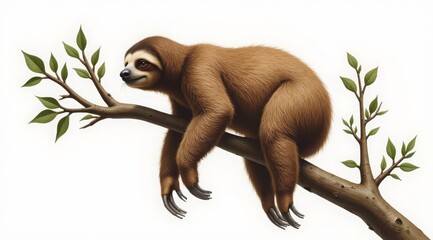 A sloth resting on a branch, on a white background. It is suitable for advertising silent household appliances, air conditioners or coffee machines that create an atmosphere of comfort and relaxation