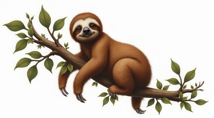 A sloth resting on a branch, on a white background. It is suitable for advertising silent household appliances, air conditioners or coffee machines that create an atmosphere of comfort and relaxation