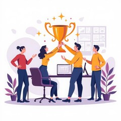 A group of people raises a gold cup against the background of charts. It is suitable for the promotion of technology with the best characteristics: energy efficiency, reliability, innovation