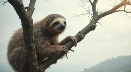 A sloth resting on a branch, on a white background. It is suitable for advertising silent household appliances, air conditioners or coffee machines that create an atmosphere of comfort and relaxation