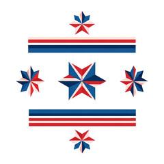 Geometric Patriotic Star Ornament Set in Red White and Blue with Symmetrical Layout on White Background