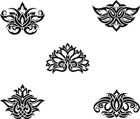 Decorative lotus flower tattoo designs with symmetrical tribal flourishes and blackwork line art elements for body art.