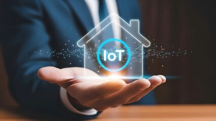 Man hand holding smart home with iot symbol. Internet of things technology integration for modern house management system. Digital automation concept.