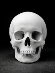 Obraz premium Human skull on a dark background, monochrome image