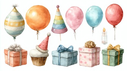 Festive watercolor birthday party elements featuring balloons, cake and gifts