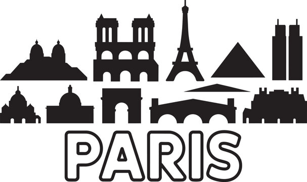 Paris city silhouette landmarks vector black icons collection on transparent background
