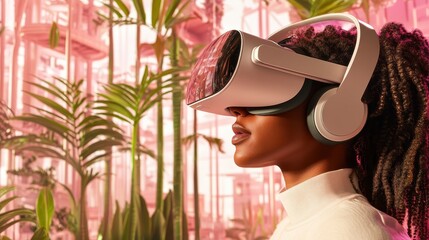 Person wearing virtual reality device observes vibrant digital plants. Future technology creates an immersive metaverse experience within a lush virtual garden world.