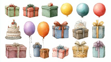 Festive watercolor birthday party elements featuring balloons, cake and gifts