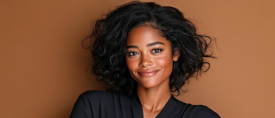 Woman with curly dark hair smiling gently against a plain brown background, looking directly at viewer with warm expression.