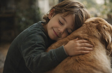 Happy Child Hugging Dog with Gentle Affection and Trust