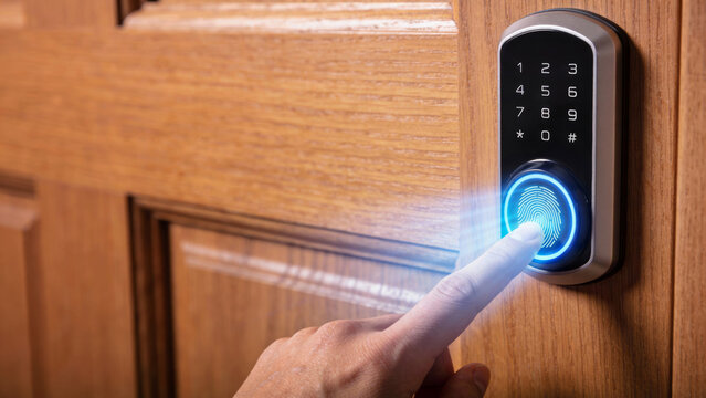 Advanced insurtech system uses ai prompts to verify biometric access on smart door security lock panel with glowing blue light - Powered by Adobe