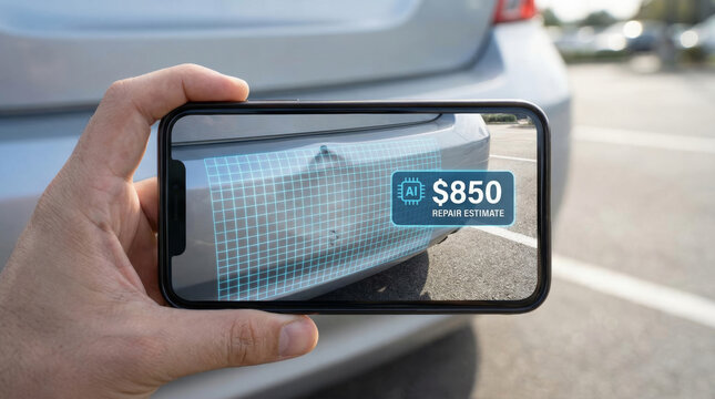 Advanced insurtech app showing ai prompts and car damage cost estimate on smartphone screen held by hand outdoors