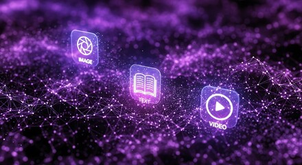 Glowing purple digital particles forming icons for image, text, and video in a futuristic network