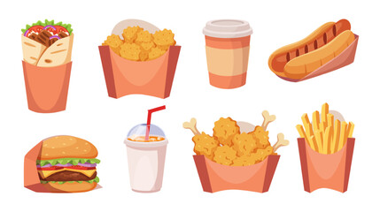 Fast food. Different trash products unhealthy fried potatoes coffee and cold drinks icecream and chips exact vector cartoon set