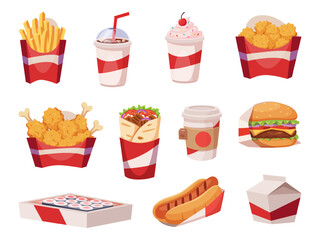 Fast food. Unhealthy snacks trash food chips meals cakes cold drinks exact vector set