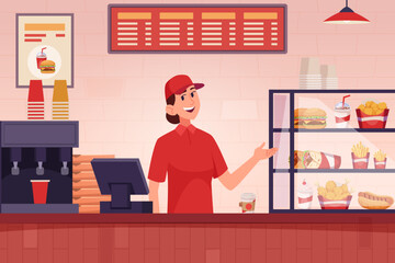 Fast food interior. Cafe with trash food pizza burger cold drinks snacks exact vector cartoon background