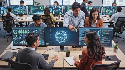 Office workers collaborating on data analysis - Powered by Adobe