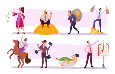 Investment. Business characters in different poses making money investment exact vector business concept illustrations