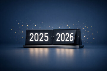 2025 to 2026 New Year Transition Concept with Flip Clock and Glowing Lights