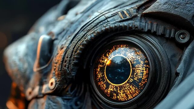 A close-up view of a reptile's mechanical eye showcases intricate details of metalwork and glowing circuits, highlighting a blend of nature and technology against a dark background.