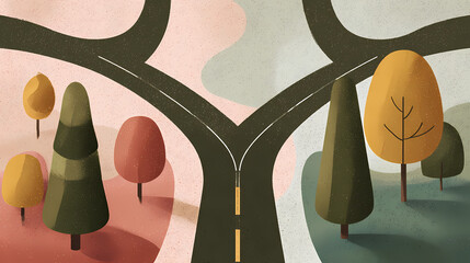 Forked road through colorful autumn landscape with trees