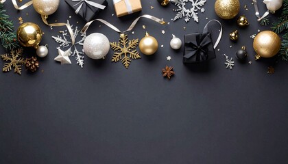 Elegant Christmas Flat Lay with Gold and Silver Ornaments, Gift Boxes, and Festive Decor on Dark Background, with Copy Space.