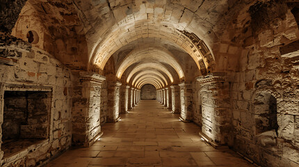 An ancient stone tunnel known as a catacomb features an arched ceiling and carved wall niches, and is relevant to real-estate listings and architecture portfolios designed for showcasing luxury reside