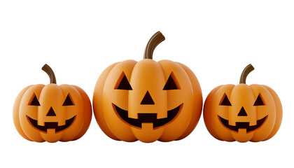 A delightful trio of glowing orange halloween pumpkins with happy carved faces and festive spirit isolated on transparent background