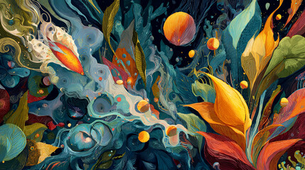 Vibrant abstract illustration featuring swirling colors, dynamic shapes, and intricate floral elements, creating a captivating visual experience of nature's beauty and energy