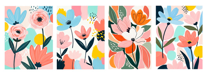 Colorful Abstract Floral Collection with Hand Drawn Flowers and Leaves in Modern Flat Illustration Style