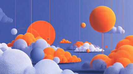 Abstract 3D illustration featuring vibrant orange spheres and soft clouds against a deep blue background, creating a whimsical and imaginative atmosphere with playful shapes