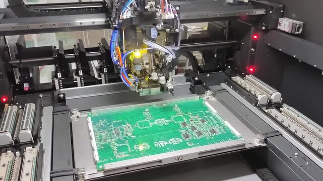 Machine assembles printed circuit board in factory with precision and speed during production process