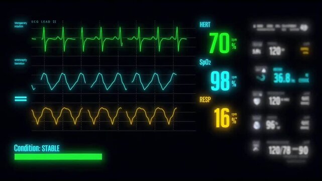 Heart rate, oxygen level, and respiratory rate monitoring in a critical condition patient on medical equipment