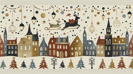 Obraz premium Festive Christmas scene with Santa Claus flying over a town, decorated with lights, ornaments, and snow-covered trees.