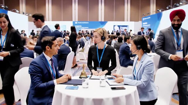 A group of formally dressed people engaged in conversation at a conference with a man and woman wearing headsets sitting at a table