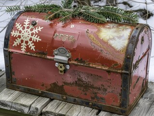 Rusty red vintage chest with snowflake design and evergreen branches on wooden surface in snowy setting