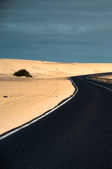 Fototapeta premium An asphalt road among desert with sandy dunes.